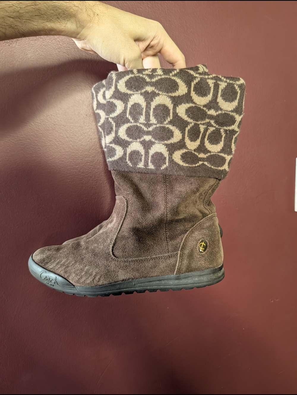 COACH Tatum Brown Suede Leather Fold-Over Wool Knit Monogram Logo Boots Sz7